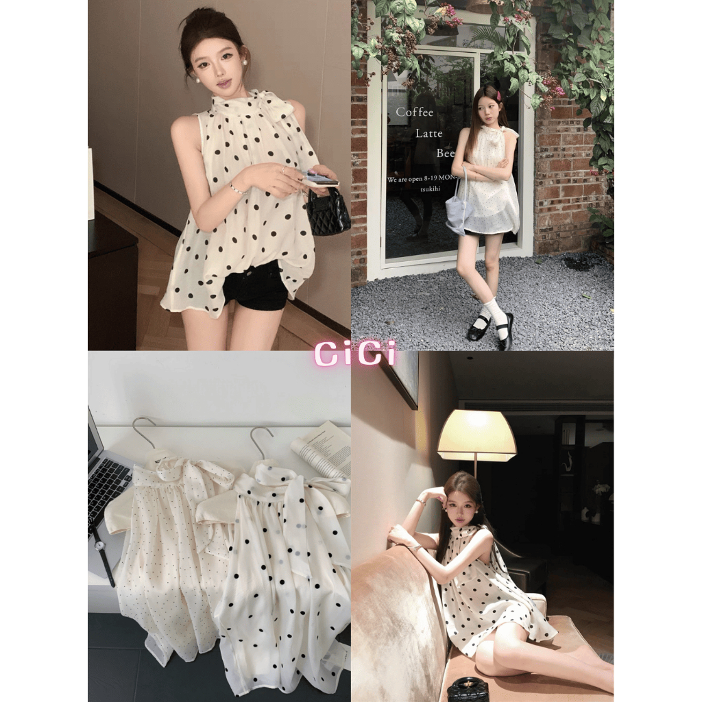 ส่งทันทีCici(NO. Y6369) เสื้อแขนกุดแต่งลาย Polka dot ทรงหลวมๆผ้าทิ้งตัว ใส่แล้วดูเป็นผู้ดีมีสไตล์ ผูกโบว์ด้านบน