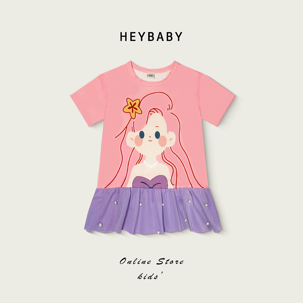 1-9 ปี ชุดเดรสผ้าตาข่ายเด็กผู้หญิง กระโปรงยาวปานกลางฤดูร้อนชุดเจ้าหญิงการ์ตูนน่ารักสไตล์เกาหลีกระโปรงระบาย