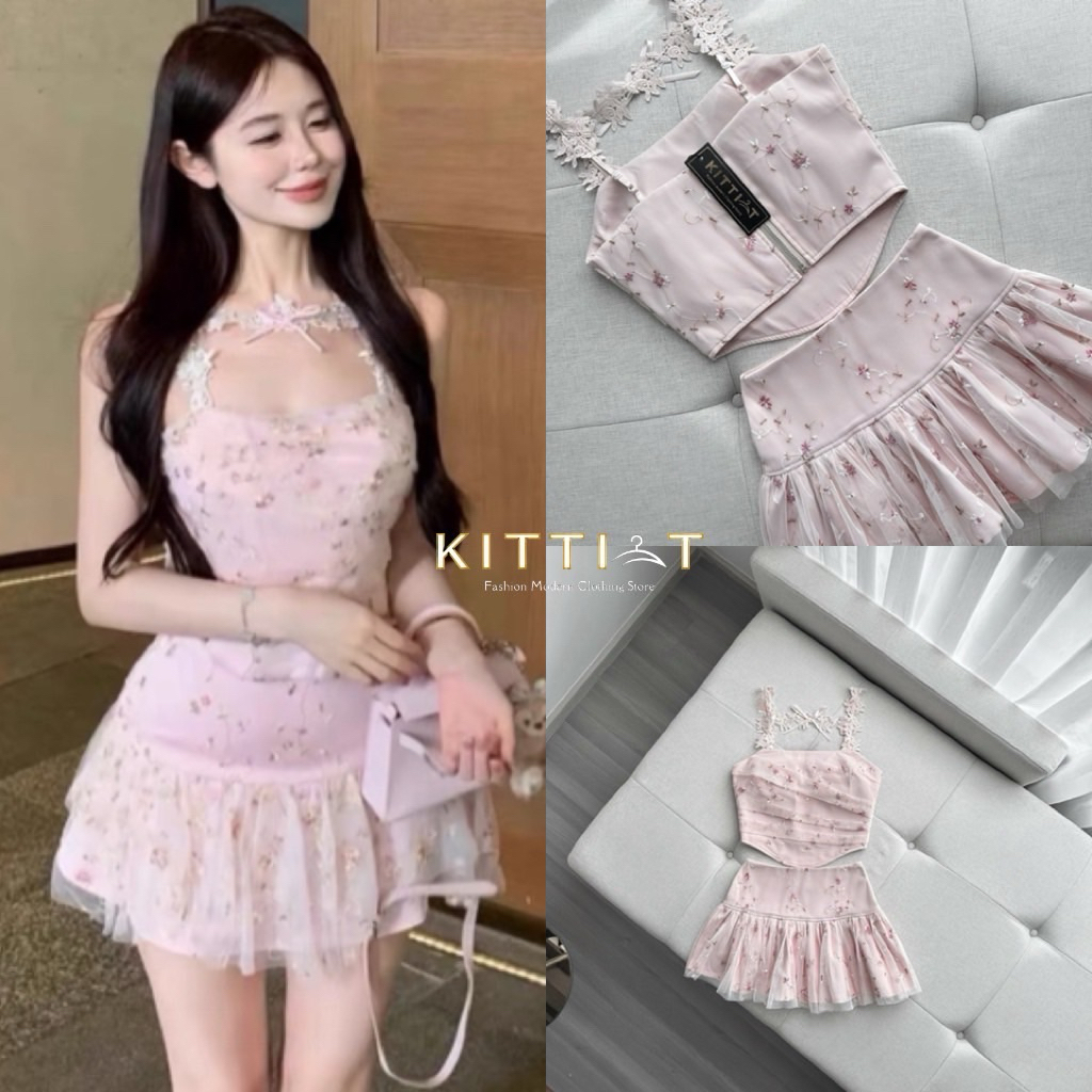 KITTI_T Set (2)ชิ้น เสื้อ+กระโปรง set นี้ไม่ใช่แค่เสื้อผ้า แต่คือคาเฟ่ลุคที่สมบูรณ์แบบ ตัวเสื้อตกแต่งผ้าตาข่าย