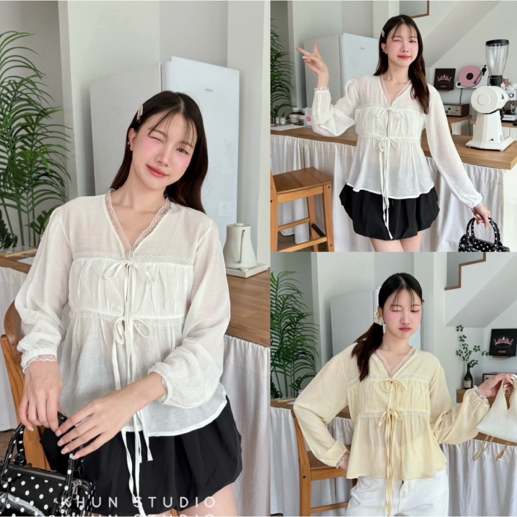 เสื้อตัวยาวแขนยาว เสื้อคอวีแต่งลูกไม้แขนยาวตัวยาว แต่งโบว์อก ดีเทลเดินลูกไม้ที่คอ สาวอวบใส่ได้ KHUN (K021)