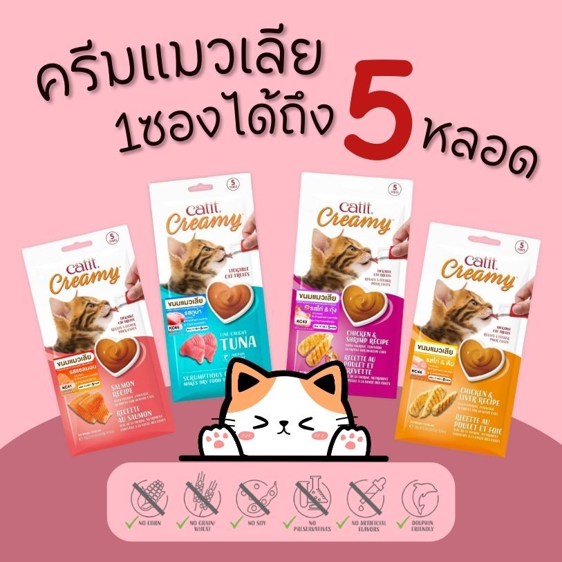 ถูกและดี ครีมแมวเลีย ขนมแมว 5ห่อ 100บาท สูตร Grain-free organic creamy super smooth cat treat