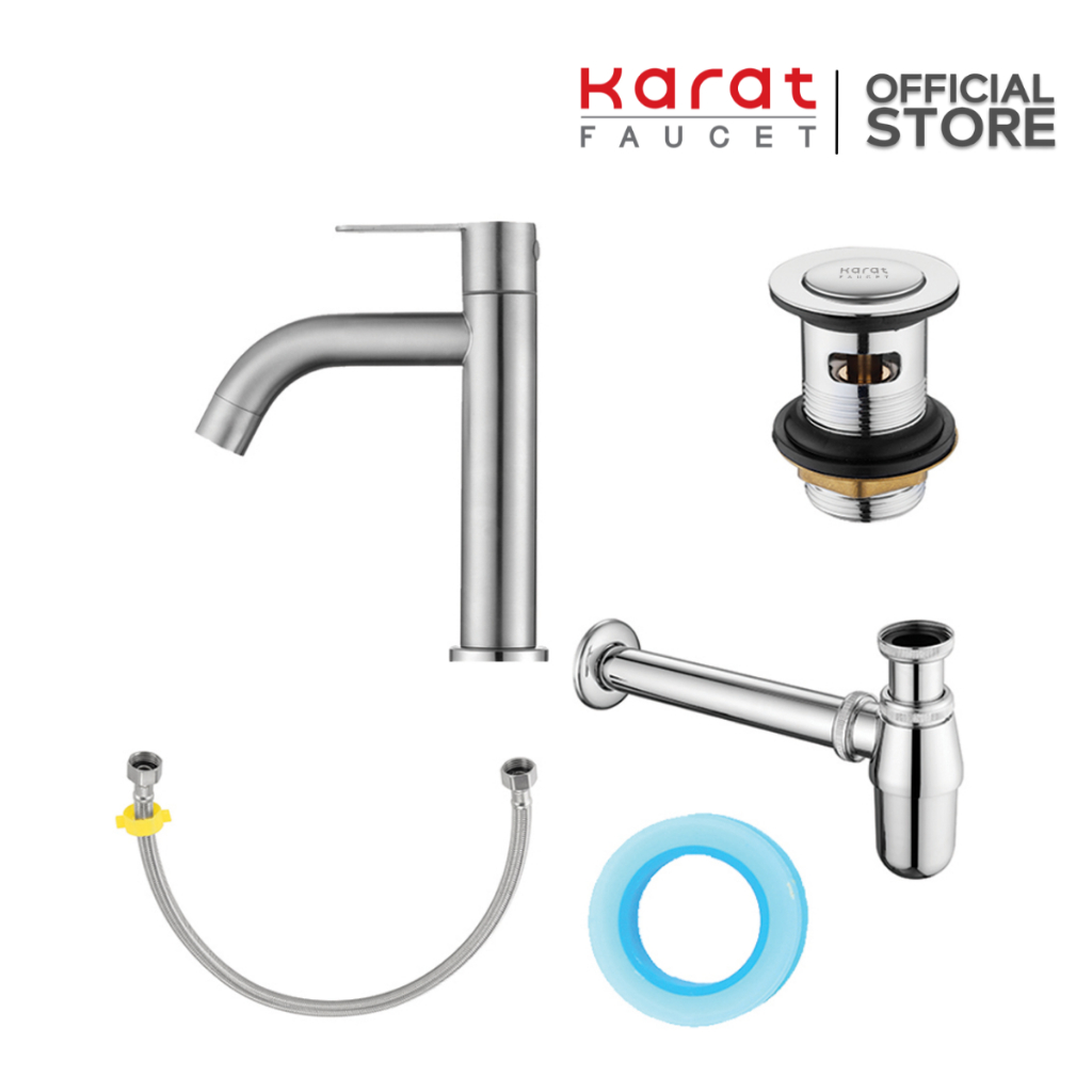 Karat Faucet ชุดเซ็ทก๊อกเดี่ยวอ่างล้างหน้า, สะดืออ่าง, เทปพันเกลียว, ท่อน้ำทิ้งและสายน้ำดียาว 16 นิ้ว KFA-007-100C-63