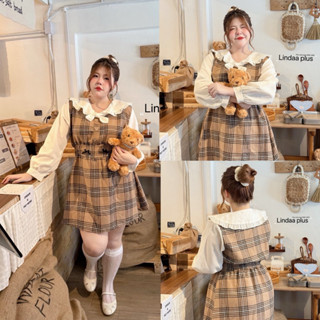 (LD) เดรสสก็อตสีน้ำตาล ตัดต่อแขนยางสีขาว ดีเทลคอบัว น่ารัก แ…