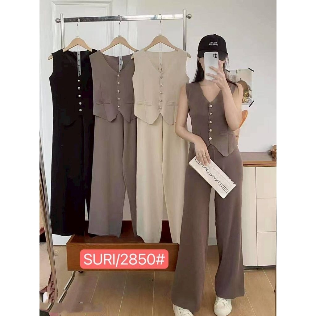 ชุดเซ็ท No:2850#ชุดเซ็ตไฮโซเนื้อผ้าไหมพรม กระดุมจริง มีลายสีให้เลือก พร้อมส่ง