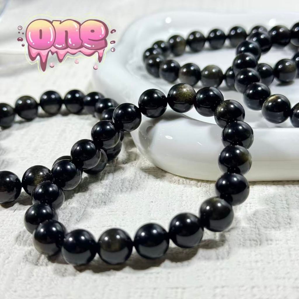 พรีเมียม หินออบซิเดียน Obsidian ช่วยขับไล่โชคชะตาที่เลวร้าย ขนาด 10 มิล หินออบซิเดียนทอง​ หินมงคล