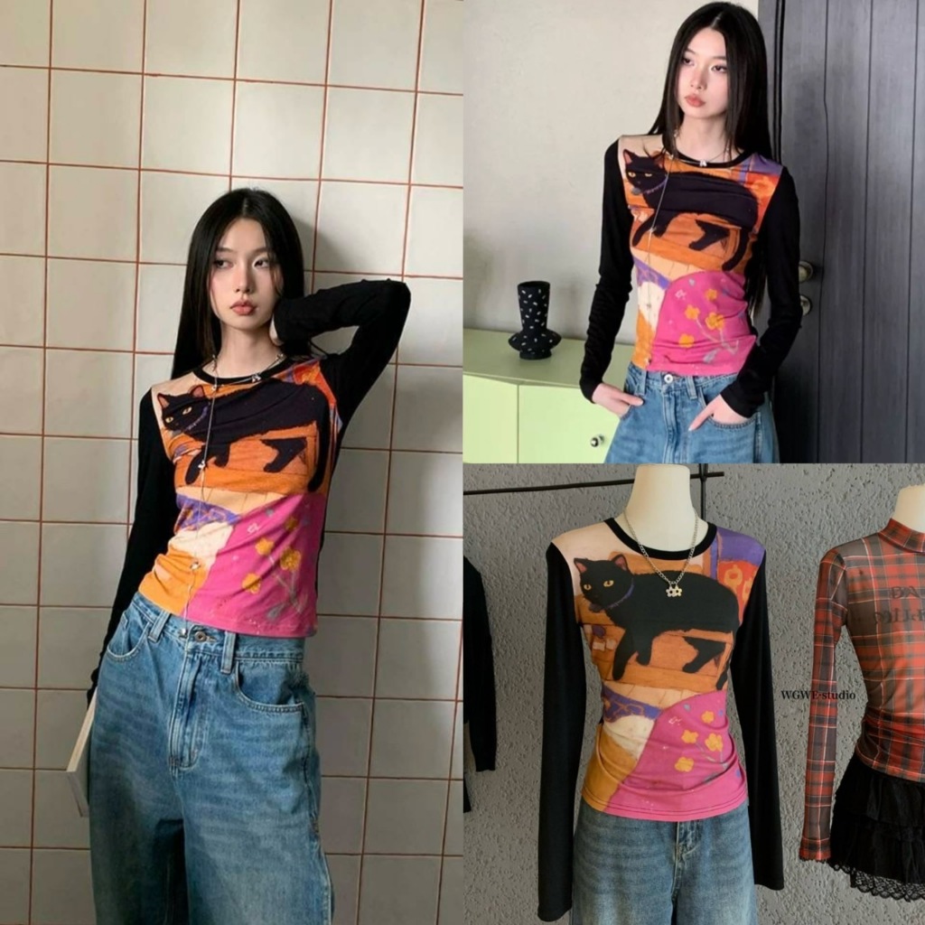 เสื้อยืดแขนยาวพิมพ์ลายรุ่น 7059 TAG WG.WE 🇰🇷🇰🇷