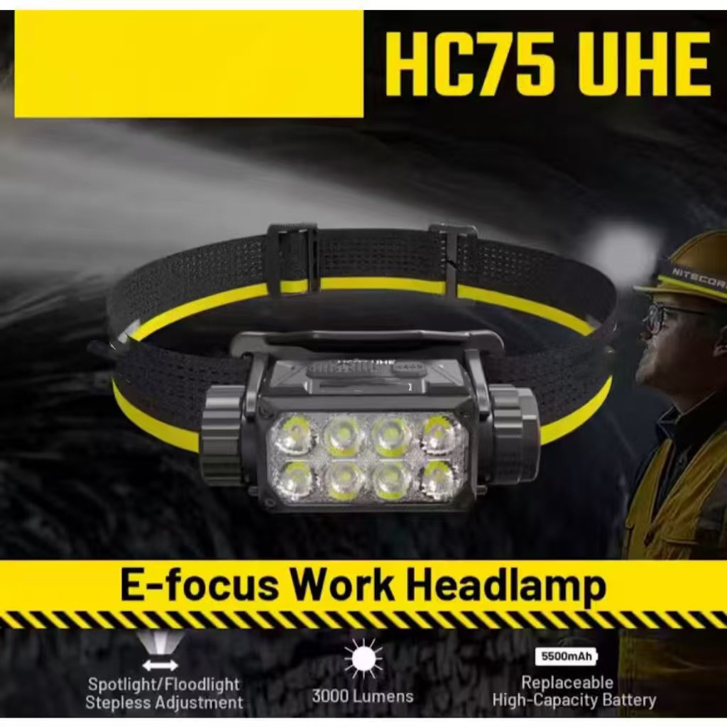 พร้อมส่ง HC75 UHE E-Focus ทํางานไฟหน้า 3000Lumen USB-C ชาร์จไฟได้ Spotlight น้ําท่วม 5500mAh 21700 L