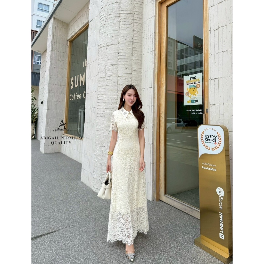 ABIGAIL BRAND ABG247 ชุดเดรสลูกไม้แขนสั้น ปกคอแต่งเพชร