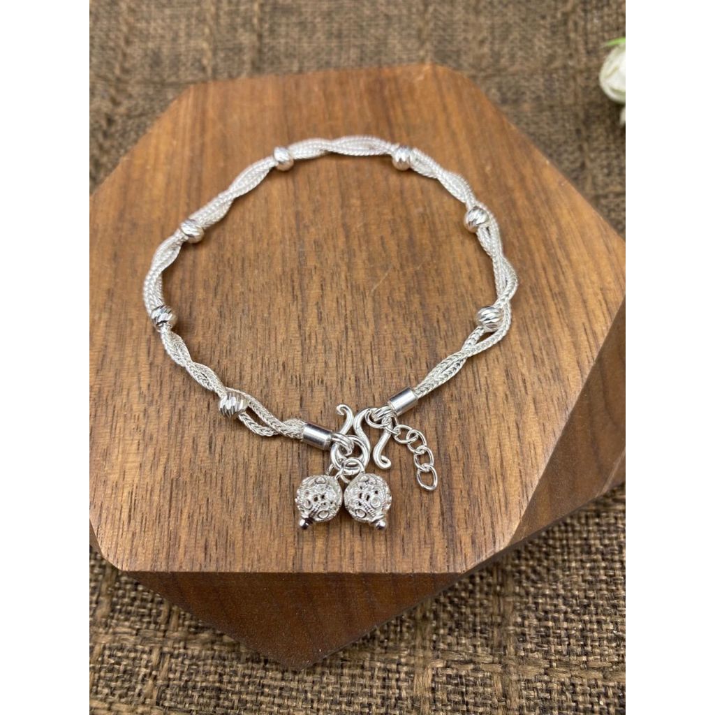 สร้อยข้อมือเกลียวคั้นประคำตัดเพชร ห้อยตุ้งติ้งฉลุลาย ข้อมือ 6-6.5 นิ้ว มีใบรับประกันเงินแท้