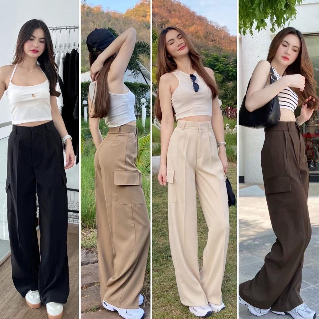 กางเกงขากระบอกกระเป๋าคาร์โก้-ผ้านุ่ม