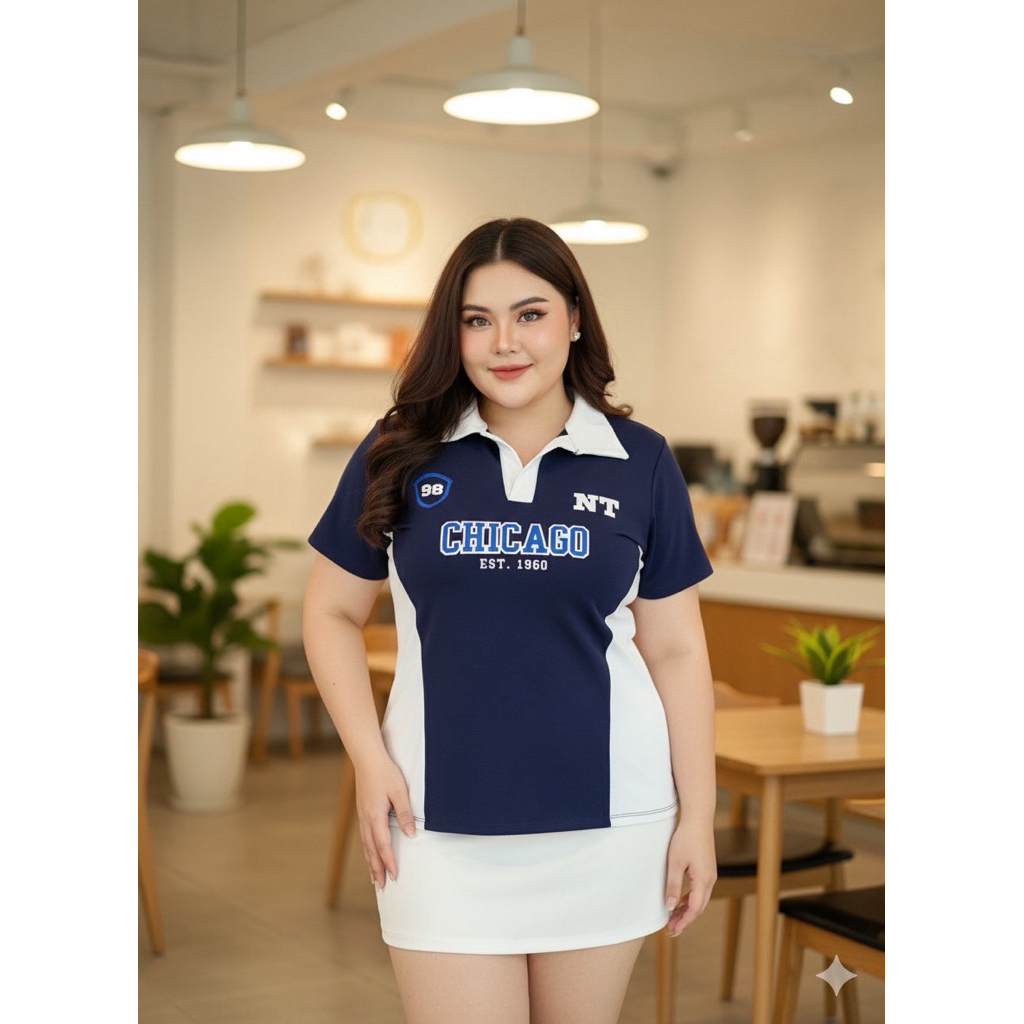รุ่นฮิต เสื้อยืดแฟชั่นคอปกสาวอวบ ผ้ายูนิโคล  ดีไซน์พรางหุ่นสวย