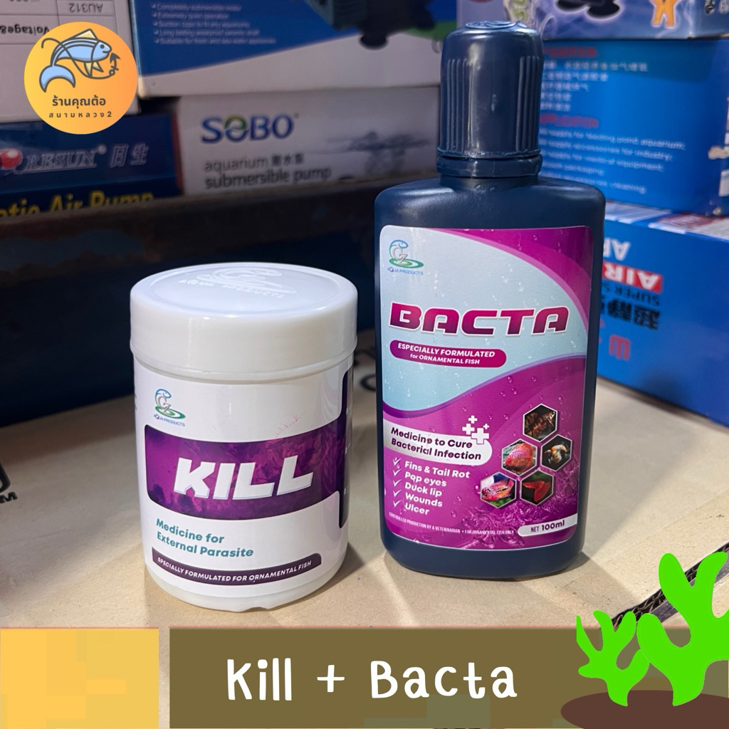[จับคู่คุ้มกว่า] Bacta 100 ml + Kill for external parasite 50g สำหรับปลาสวยงาม ปลาหมอสี ปลาทอง ปลาหา
