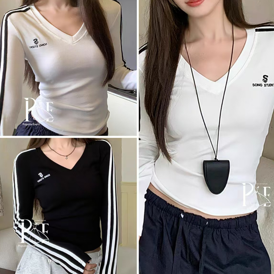 เสื้อยืดแขนยาว คอวี ปักตัวอักษร สไตล์เก๋ๆ ทรงสวย ใส่รัดรูป ผ้าคอตตอน ยืดได้เยอะ