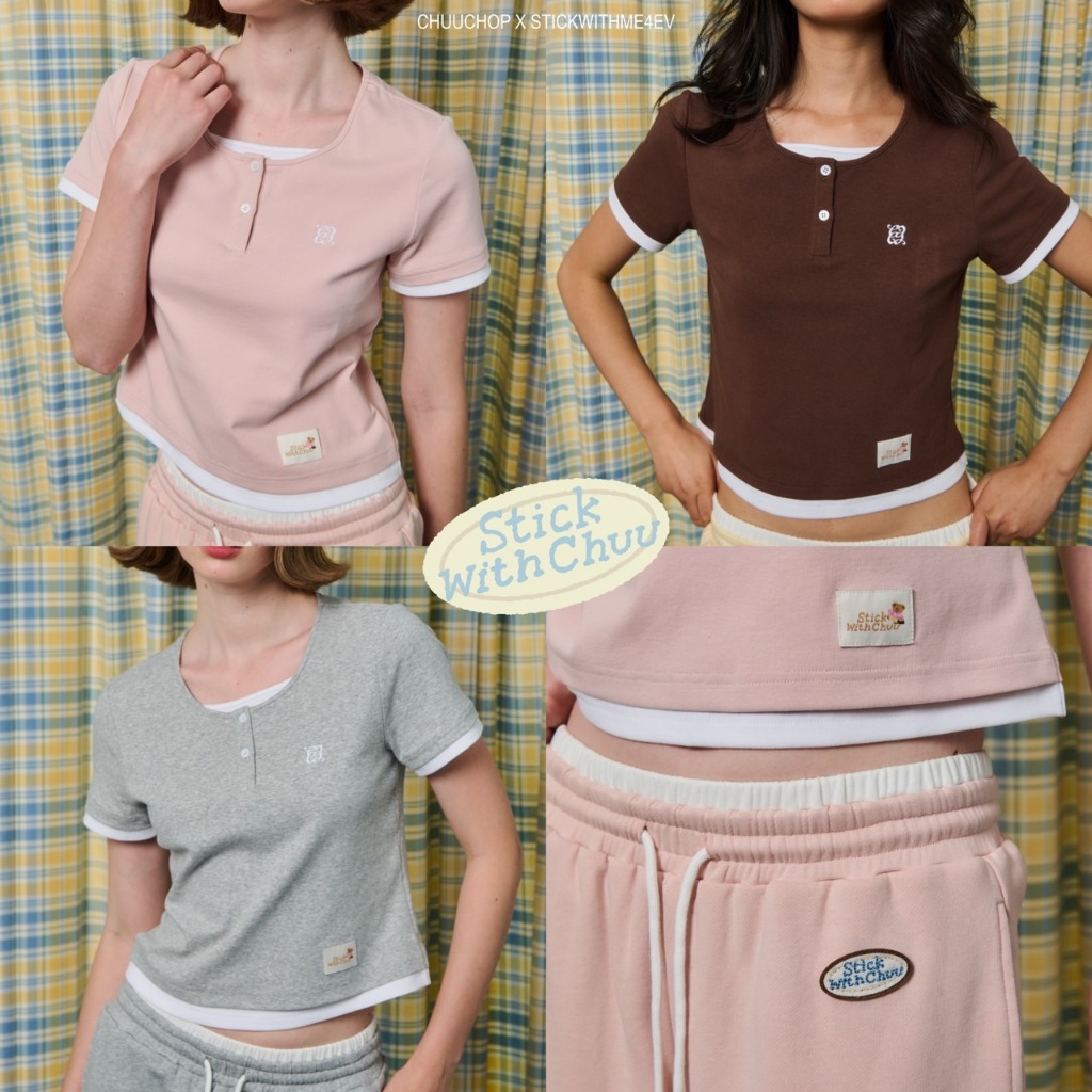 CHUUCHOP - (S-2XL) Tiny Boo Tee เสื้อยืดแนสั้น ดีเทล 2 เลเยอร์ (C8435)