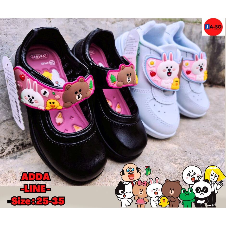 ADDA รองเท้านักเรียน พละ รองเท้านักเรียนหญิง หนังดำ LINE ผ้าใบสีขาว Pony Sofia / CB1