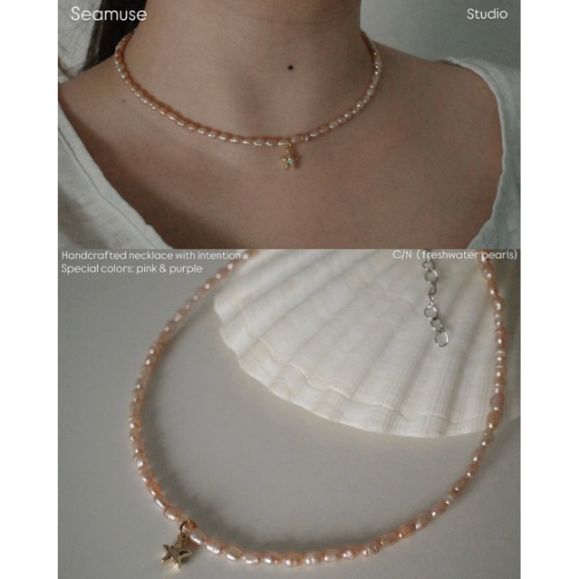 seamuse : สร้อยคอไข่มุกแท้สีชมพูอมส้ม ขนาด 2-3 มิล