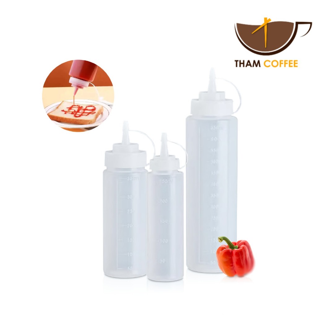 ขวดซอส ขวดบีบ มีฝาปิด พลาสติกขุ่น มีหลายขนาด 240/350/450/650/800/1000ml Sauce Bottle Tham coffee