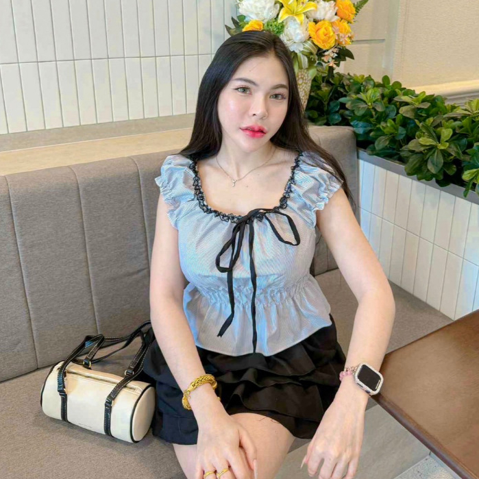 ชุดเซต2ชิ้นคอกลมเเขนตุ๊กตา+กระโปรงระบายสั้นขนมชั้น/S23