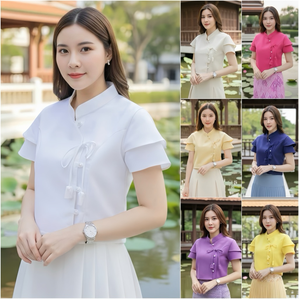 เสื้อพื้นเมืองผู้หญิงคอจีนผูกโบว์แขนสองชั้น