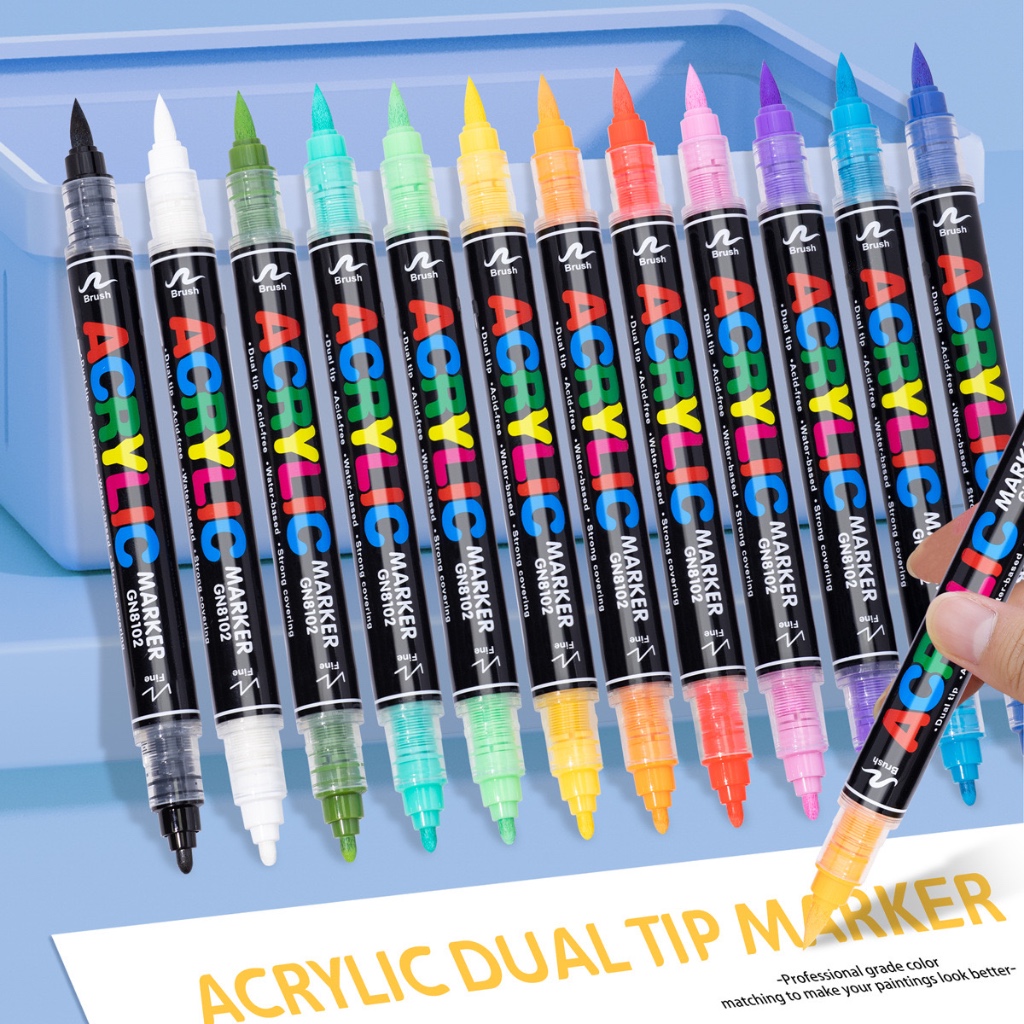 GuangNa 84/168 สี หัวคู่ 🇹🇭 ปากกาอะคริลิค 2 หัว Dual Tip ACRYLIC MARKER หัวแปรง หัวแข็ง GN.8102 กันน้ำ พร้อมส่ง
