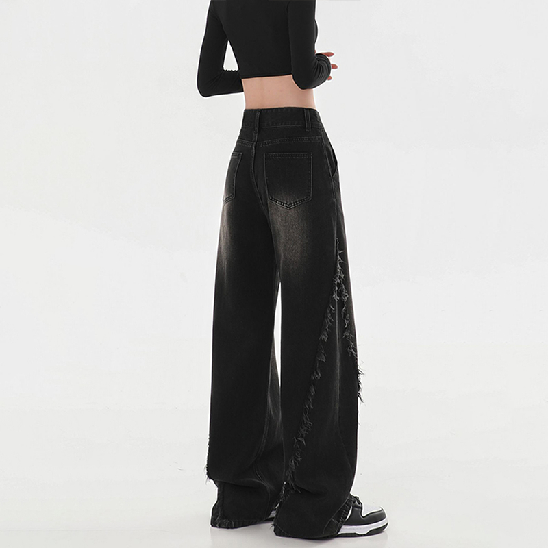 S-5XL กางเกงยีนส์ขาตรง สีดำ แบบวินเทจ - มีขอบเนื้อผ้า กางเกงยีนส์ผู้หญิง เอวสูง ใส่สบาย - รูปที่ 5