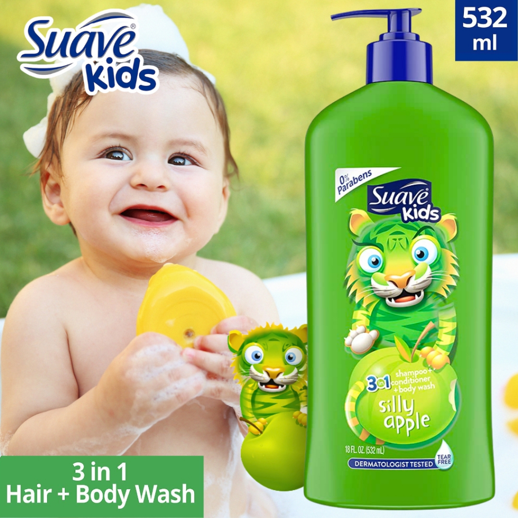นำเข้า รุ่นใหม่ Suave Kids 3-in-1 Silly Apple แชมพู + ครีมนวด + ครีมอาบน้ำ ในขวดเดียว ขนาด 18 oz