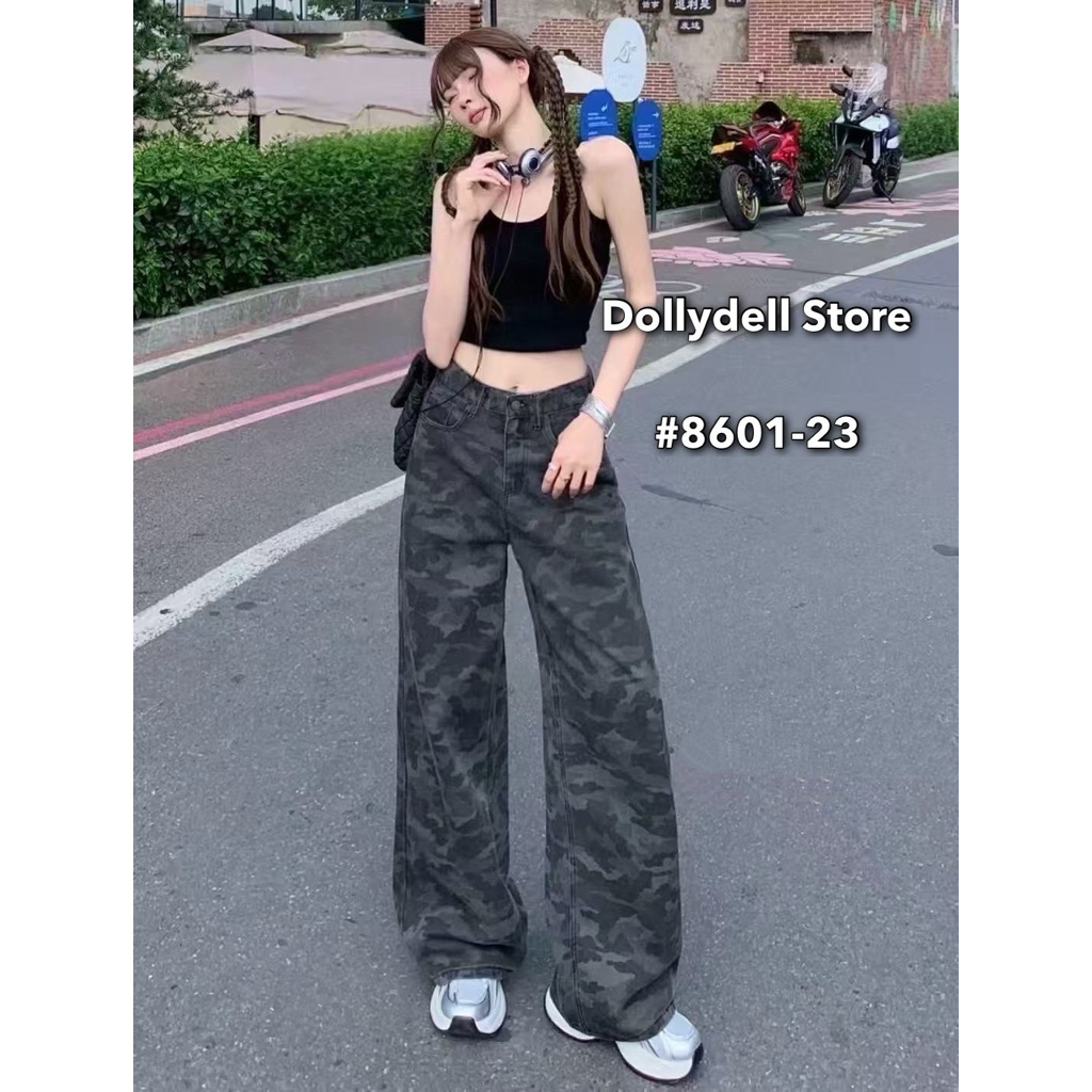 8601-23  กางเกงลายทหารมีกระดุม ซิปด้านหน้า