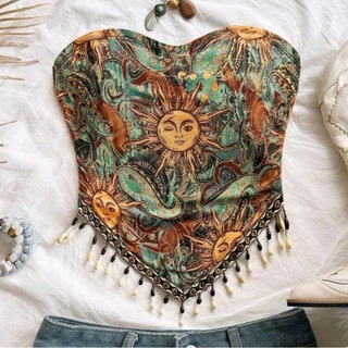 เสื้อเกาะ​อ​ก​ลายพระอาทิตย์​ แต่งระบาย​ สไตล์​โบ​ฮี​เมียน​ สีเขียวมิ้นท์​ I พรี​ออเดอร์​