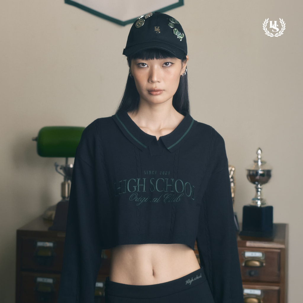 Highschool Preppy Collection 2025 Crop Knit Long Sleeve Polo เสื้อไหมพรมครอป แขนยาว - TPG09559