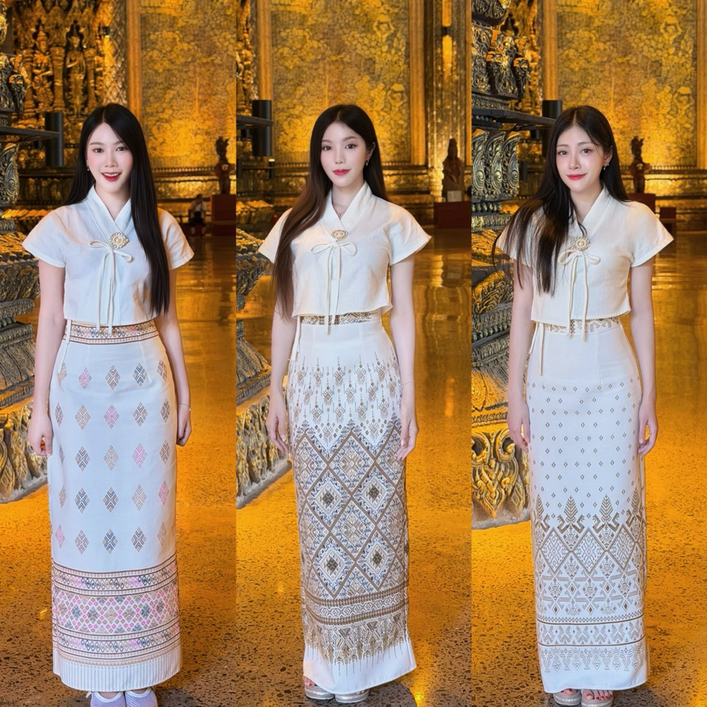 TANTANOD-รหัสTL24 ชุดเซตผ้าไทย เสื้อสไตล์ล้านนา กระโปรง(อัดกาว)ทรงแคบผ่าหลัง(ผ้าฝ้าย)