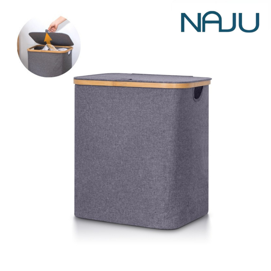 Naju ตะกร้า ตะกร้าผ้า ที่ใส่ผ้า Laundry Basket มีฝาปิด พับเก็บได้ กันน้ำ ขอบไม้เสริมความแข็งแรง