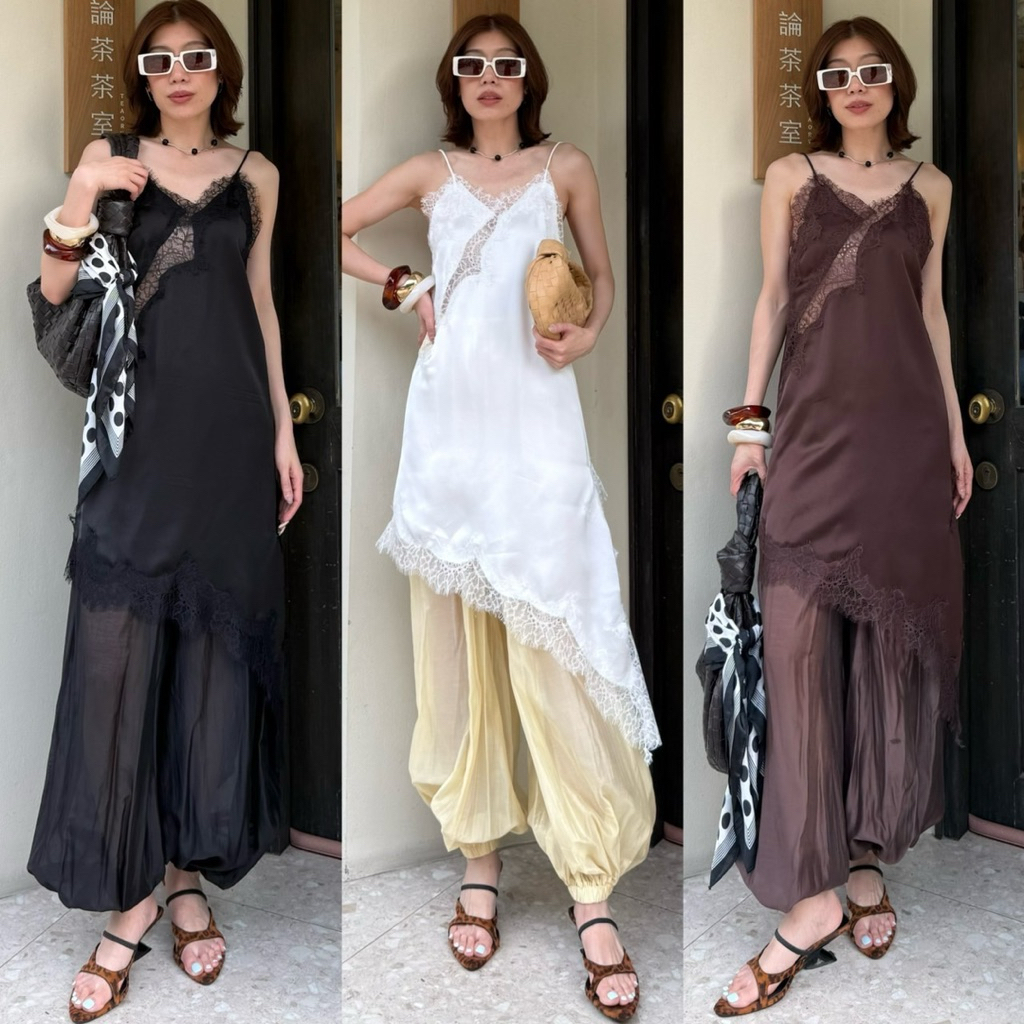 ส่งด่วน 🛵 #9318 STUDIOX2 LONG SATIN LACE DRESS TOP  เสื้อสายเดี่ยวซาติน แต่งขอบลูกไม้ทั้งตัว ชายเฉีย