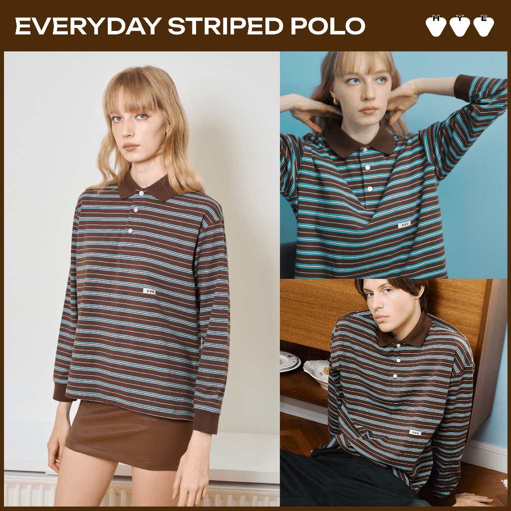 EVERYDAY STRIPED POLO – BROWN/BLUE (เสื้อโปโลแขนยาวลายทาง สีน้ำตาลลายเส้นสีฟ้า ทรง Unisex)