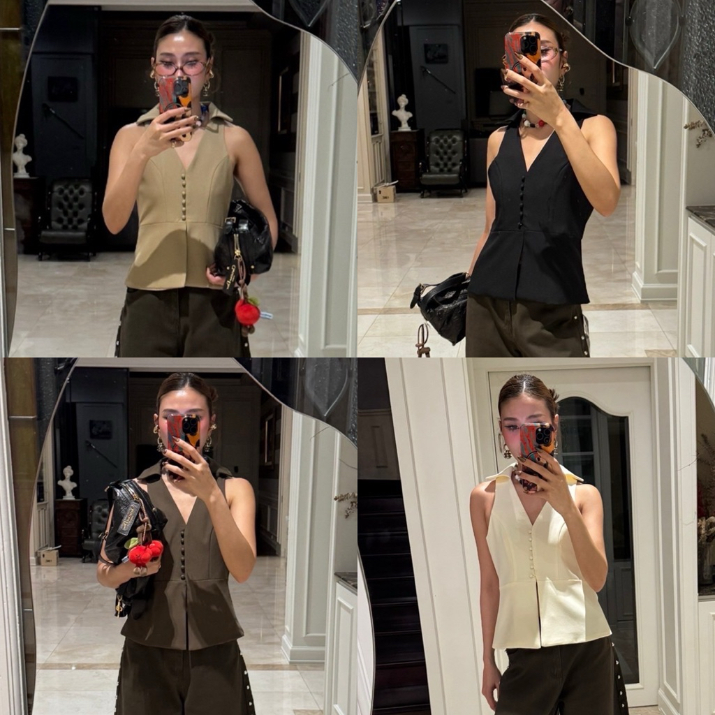 SLEEVELESS V NECK TOP #1049 x2 เสื้อแขนกุดคอปก เสื้อทรงสวย เรียบหรู ไปเที่ยว