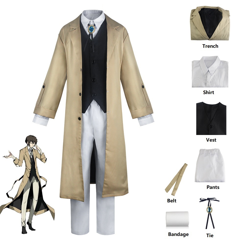 Dazai Cosplay Costume Detective Dazai Osamu Outfits include Trench Coat Shirt Vest Pants Adult อะนิเ