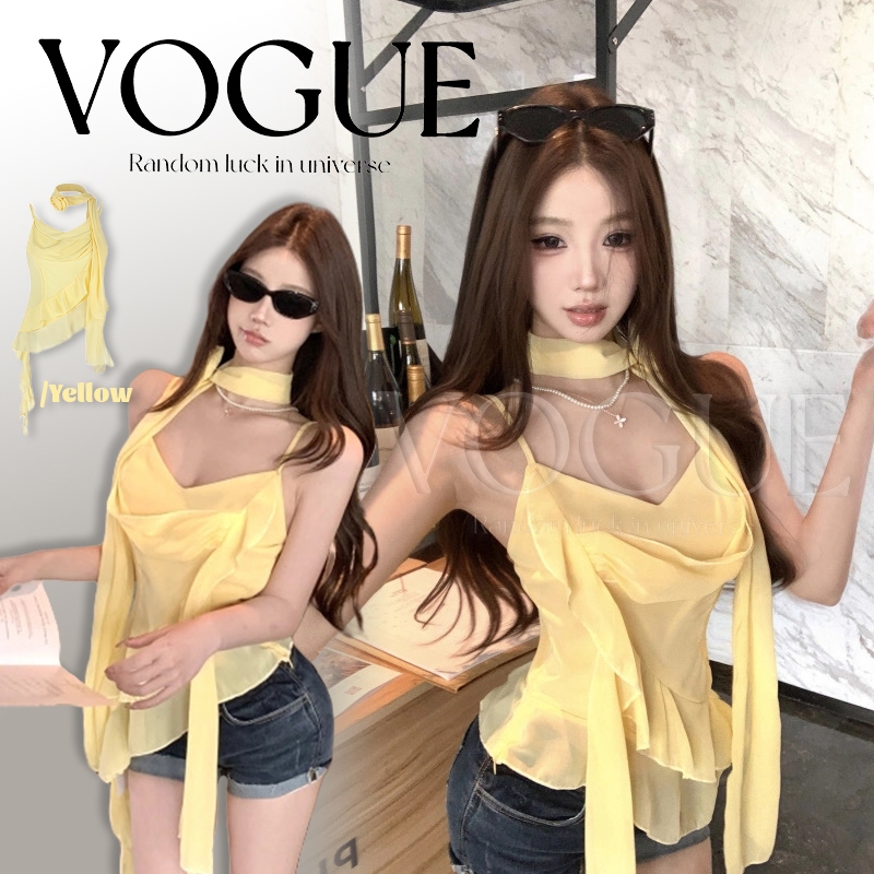 Vogue🌟พร้อมส่ง🌟 เสื้อสายเดี่ยว ผ้าซีฟองซีทรูบางเบา สีเหลือง (FY2909)