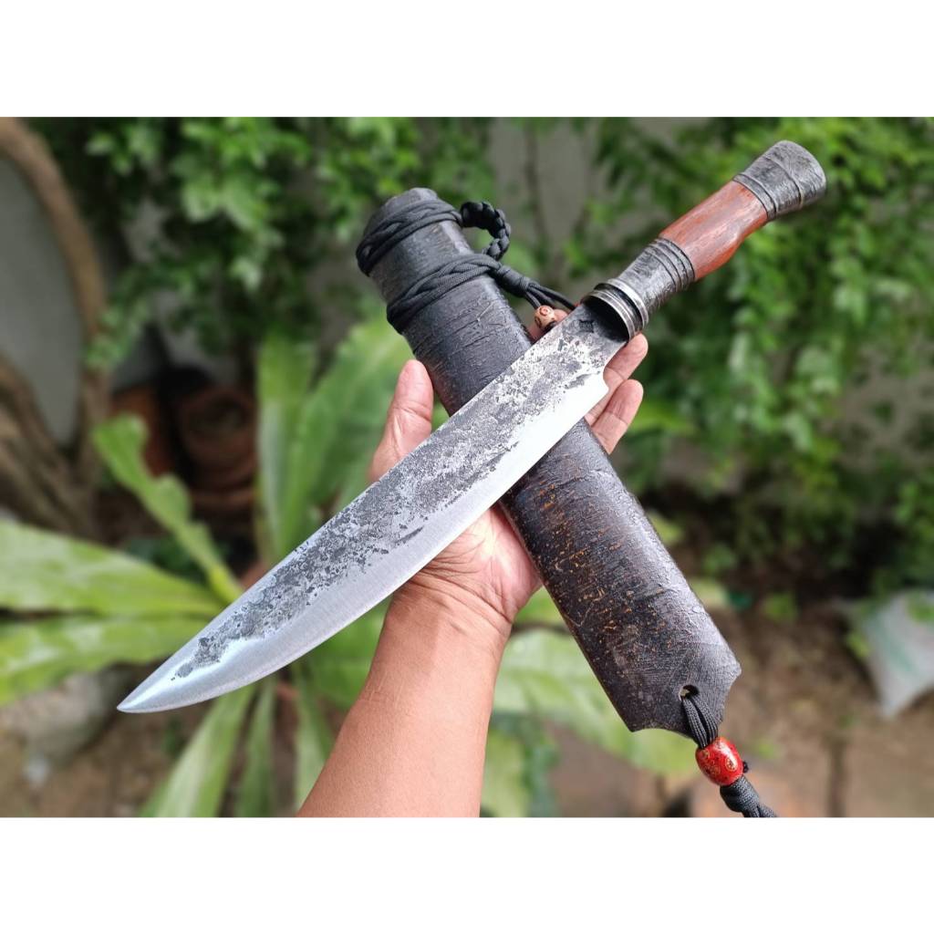 มีดลาบ มีดเหน็บ ดาบสั้น มีดเชฟ มีดแคมป์ E-nep machete มีดเดินป่า ใบ 11.5” ตีร้อนผิวไฟ ด้ามไม้รักเขา ฝักสักพันไหม คอเหล็ก