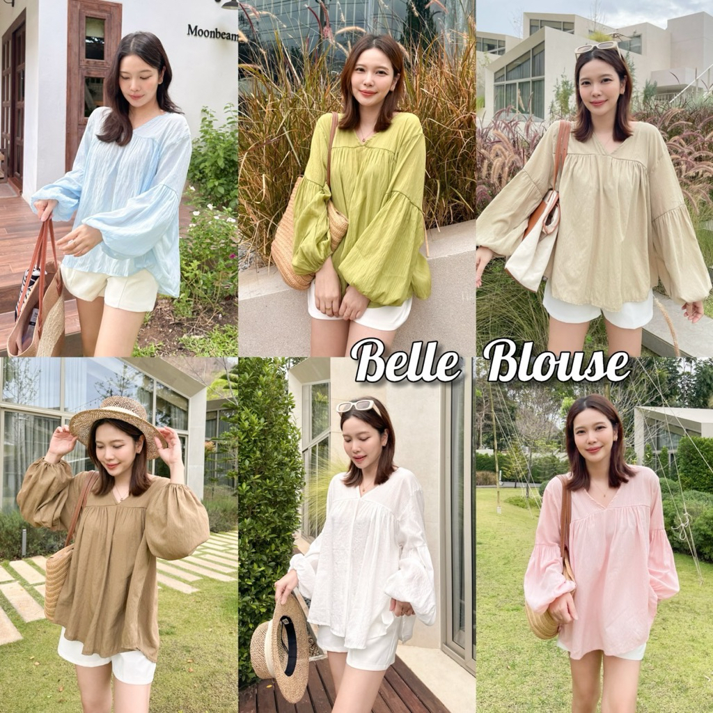 BELLE BLOUSE เสื้อคอวีแขนยาวพองทรงบอลลูน ปลายแขนยางยืดหลวมๆ  ผ้าฝ้ายผสมใส่สบาย ไม่ร้อน