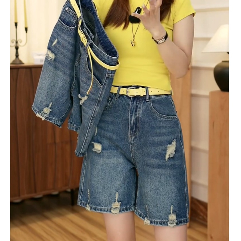 Beautified กางเกงยีนส์ขาดขาสั้นหลวม กางเกงขนาดพลัสสีฟ้าล้างน้ำ#V127