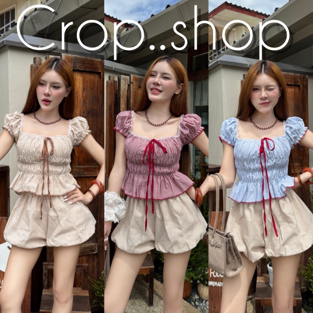 crop..shop เสื้อเเขนตุ๊กตา ลายทาง มีโบว์ตรงกลาง งานสีสดใส ชายเเต่งเพิ่มความเก๊ คุณหนูสุดจ้า
