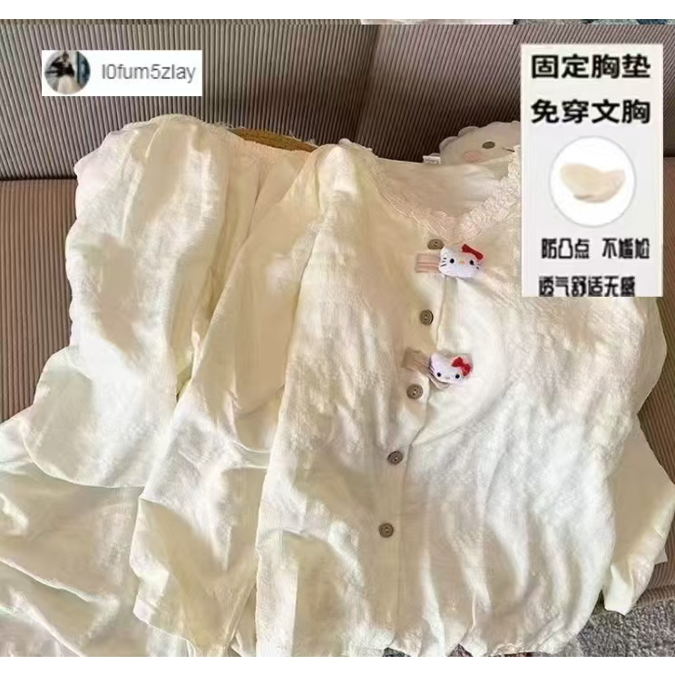(ราคาถูกที่สุด) ชุดนอนผู้หญิงน่ารัก， ชุดนอนฤดูใบไม้ร่วง 2 ชิ้น， พร้อมแผ่นรองหน้าอก， ขายาว+เสื้อ，M-2XL
