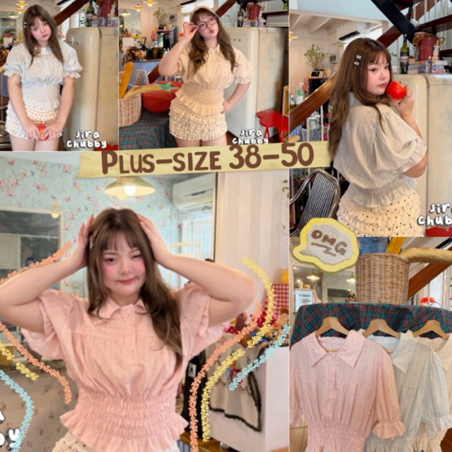 ✅ส่งฟรี+โค้ดส่วนลดโปรเปิดร้าน✅ เสื้อคอปก จั้มเอว แขนตุ๊กตา ผ้าลายจุดตัดด้วยลายหัวใจเล็กๆ
