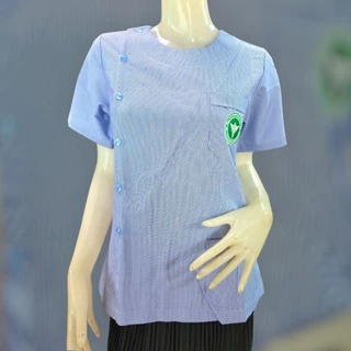 เสื้อสาธารณสุข ผู้หญิง คอกลม คอปก คอบัว ริ้วฟ้าขาว เสื้อกาวน์ เสื้ออนามัย แบบปักตรา