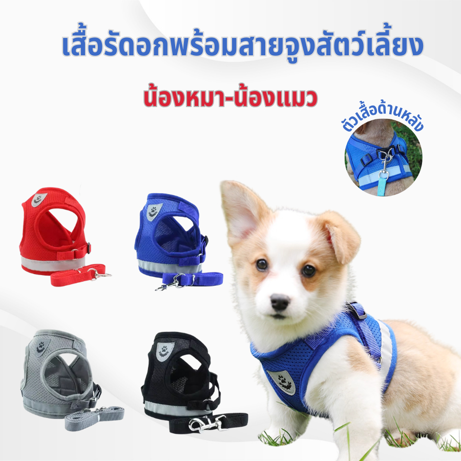 เสื้อพร้อมสายจูงน้องหมาน้องแมว แบบรัดอกสะท้อนแสงและระบายอากาศได้ดีใส่สบาย น้องหมา น้องแมว
