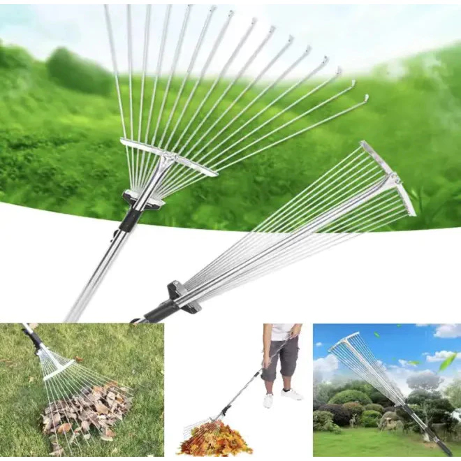 คราดหญ้า คราดถากหญ้า15ฟัน คราดเหล็ก ปรับระดับ คราดเหล็กปรับระดับ พร้อมด้าม ผลิตจากสเตนเลสสตีลคุณภาพสูง แข็งแรง