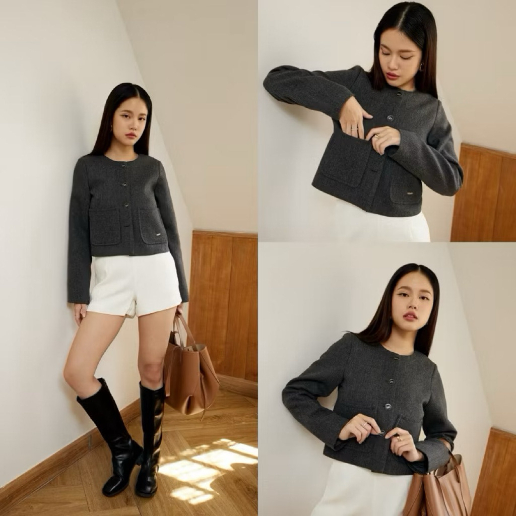 มือ 1 ป้ายห้อย swana.ss -  Faye blazer crop top (สีดำ-4XL) เสื้อครอปเบเซอร์ ผ้าทวิตทอกระสอบ