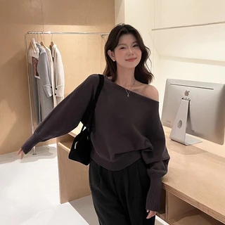 เสื้อไหมพรมแขนยาว เสื้อเปิดไหล่ สีพื้น เนื้อผ้าดี สไตส์เกาหลี