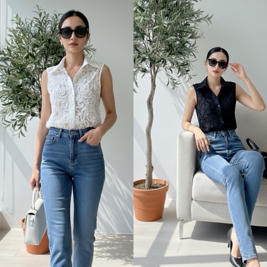 FK : เสื้อแขนกุด คอปก กระดุม ลูกไม้ 3D ซีทรู สไตล์เกาหลี แมทกับ กางเกง กระโปรง ส้นสูง ผ้าใบ ต้องมีน้