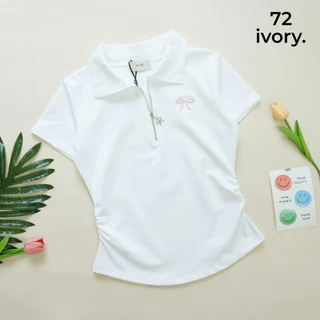 VV105-VV909 VV206-ป้ายIVORYเสื้อยืดผ้ายูนิโคล่ คอปก แต่งปักโบว์ข้าง แขนสั้นหยุมข้าง