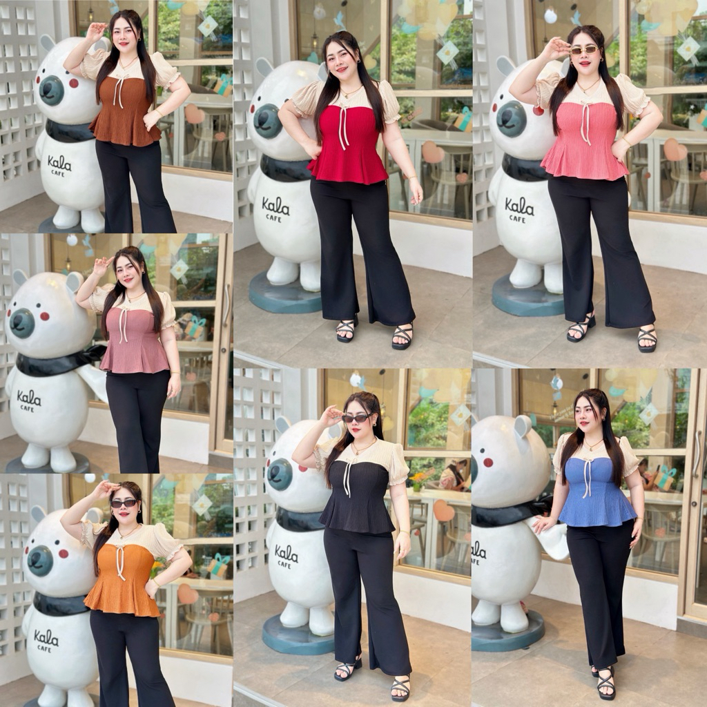 เสื้อสาวอวบ อก38-46 แขนตุ๊กตา ชายระบาย แต่งโบว์ให้ที่อก ทูโทน  (A17)